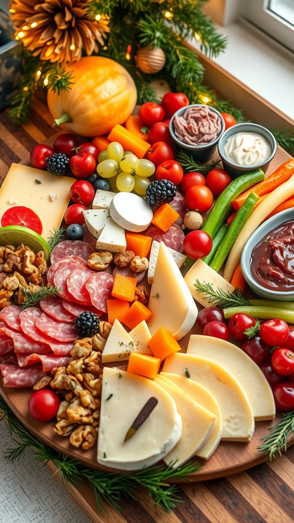A festive Christmas appetizer platter with cheeses, meats, fruits, and dips on a wooden board.